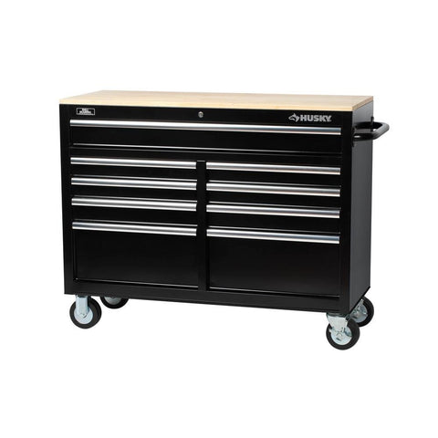 Husky 46 in. 9-Drawer Mobile Workbench with Solid Wood Top, Black